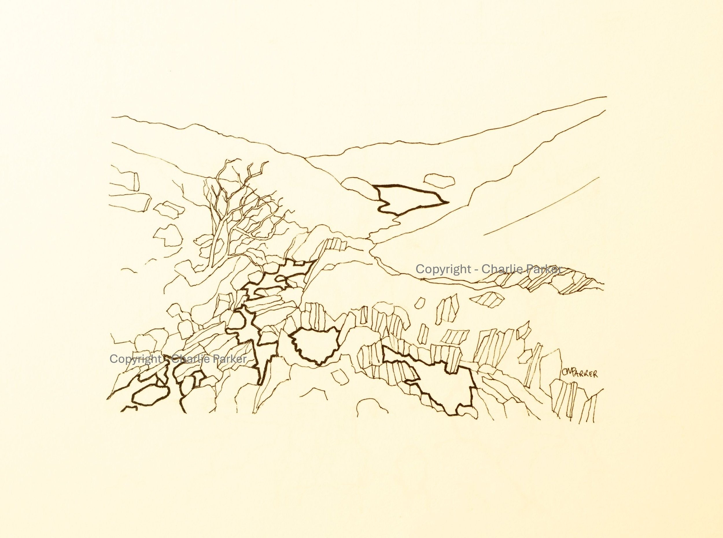217. Haweswater from Nan Bield Pass II. 2024, Ink. Dimensions - 16cm x 12cm. For Sale.