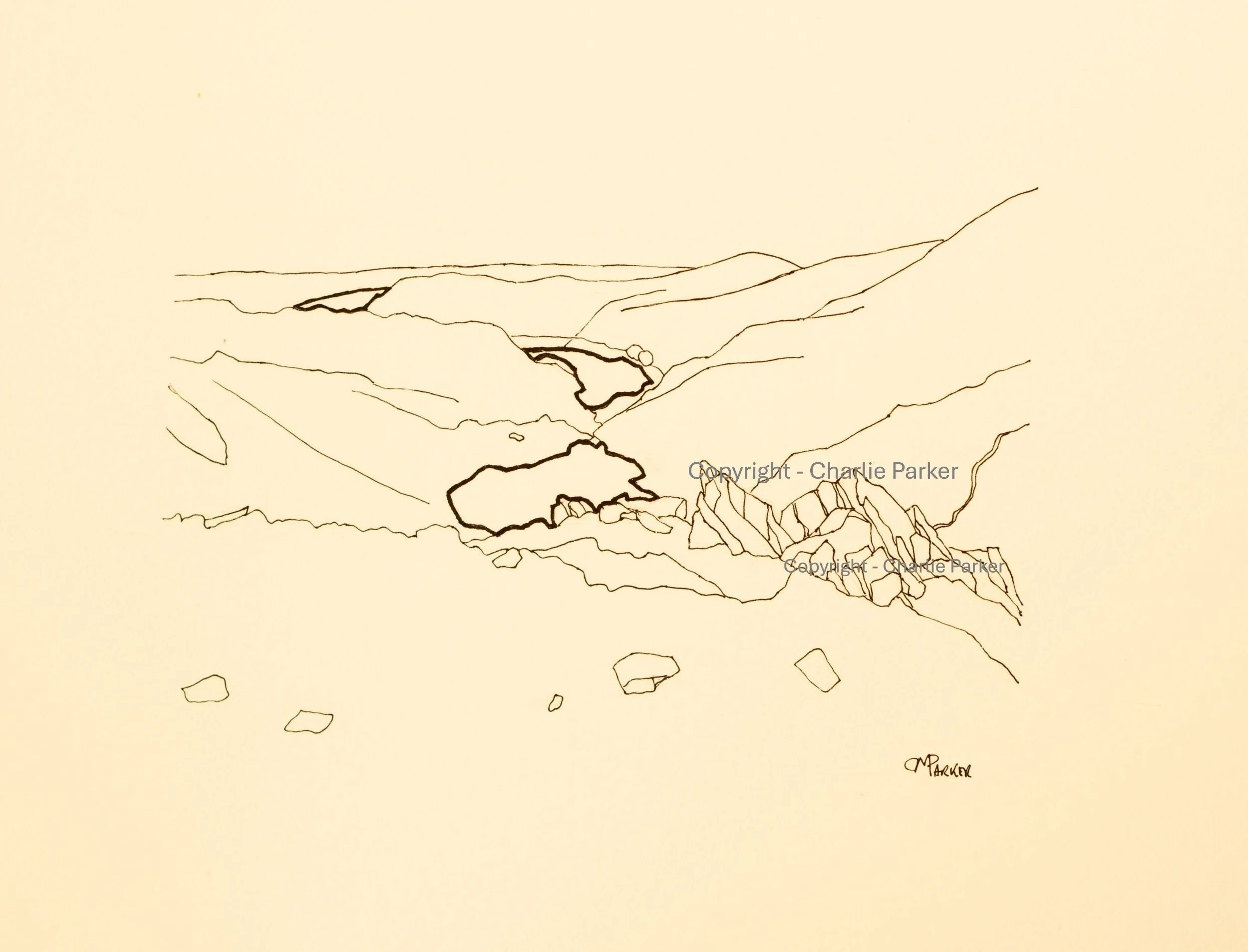 218. Haweswater from Nan Bield Pass I. 2024, Ink. Dimensions - 16cm x 12cm. For Sale.