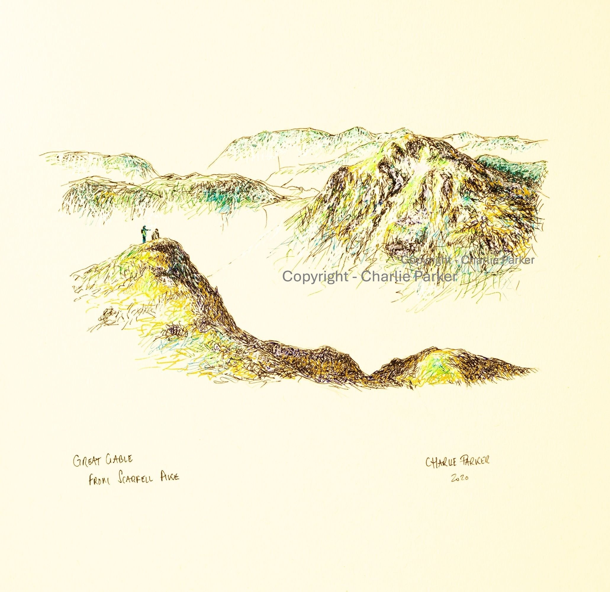 222. Great Gable and Scarfell Pike. 2023, Ink. Dimensions - 16cm x 12cm. For Sale.