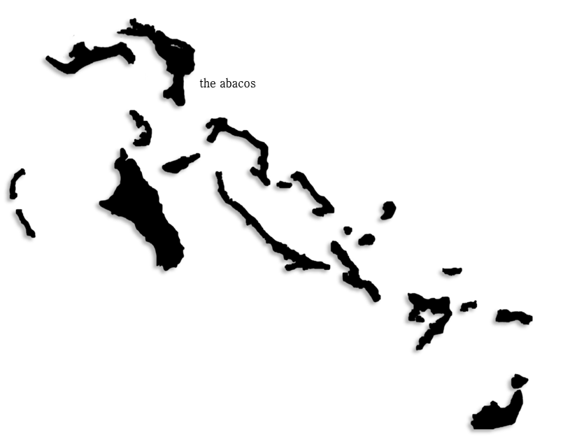 Black outline map of the islands of the Bahamas, featuring the Abacos