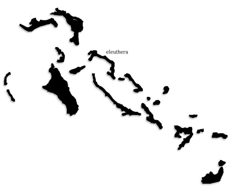 Black outline map of the islands of the Bahamas, featuring Eleuthera