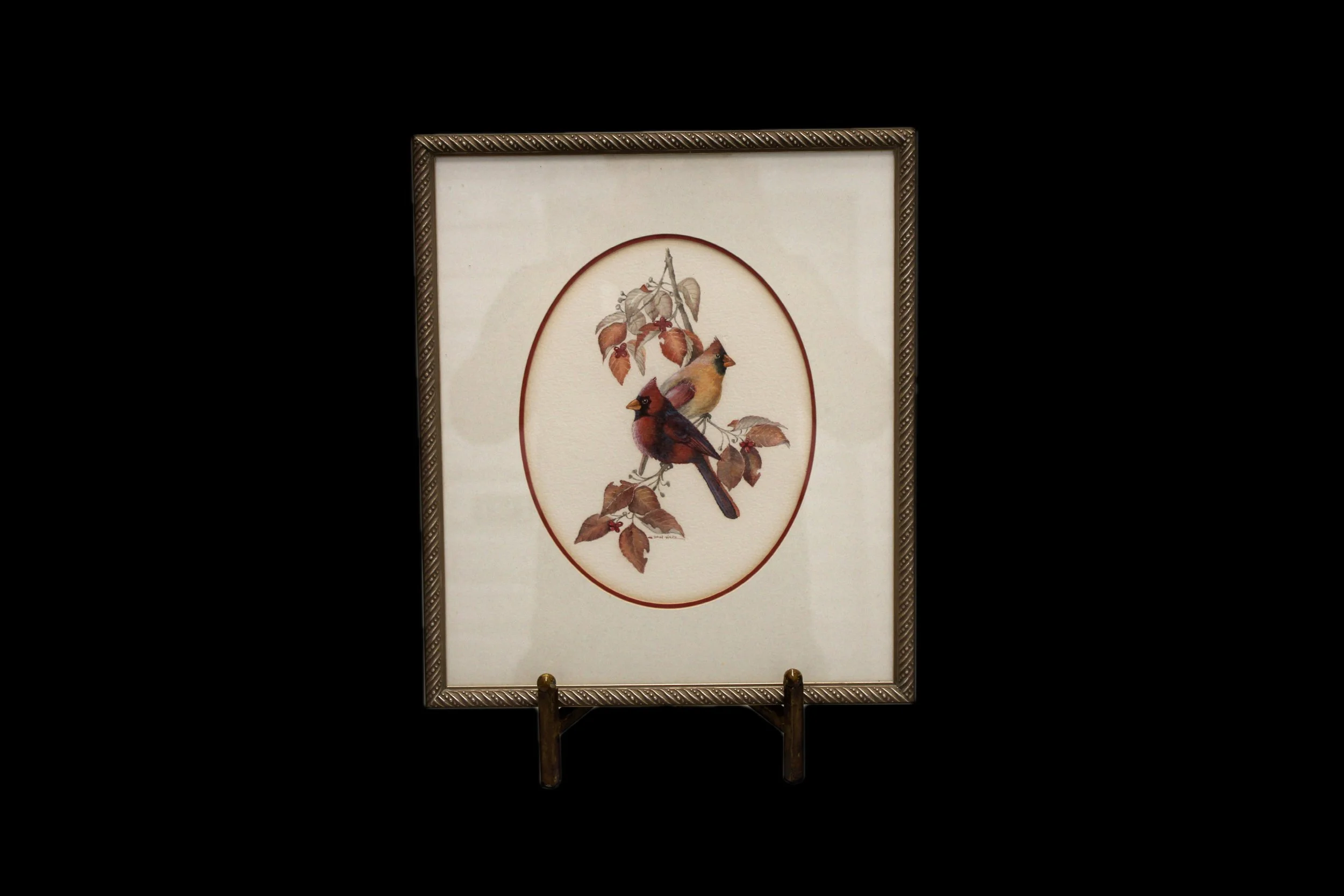 Cardinals 
Frame: 12 1/4in x 14 1/3in 
Painting: 7 1/4in x 9in 