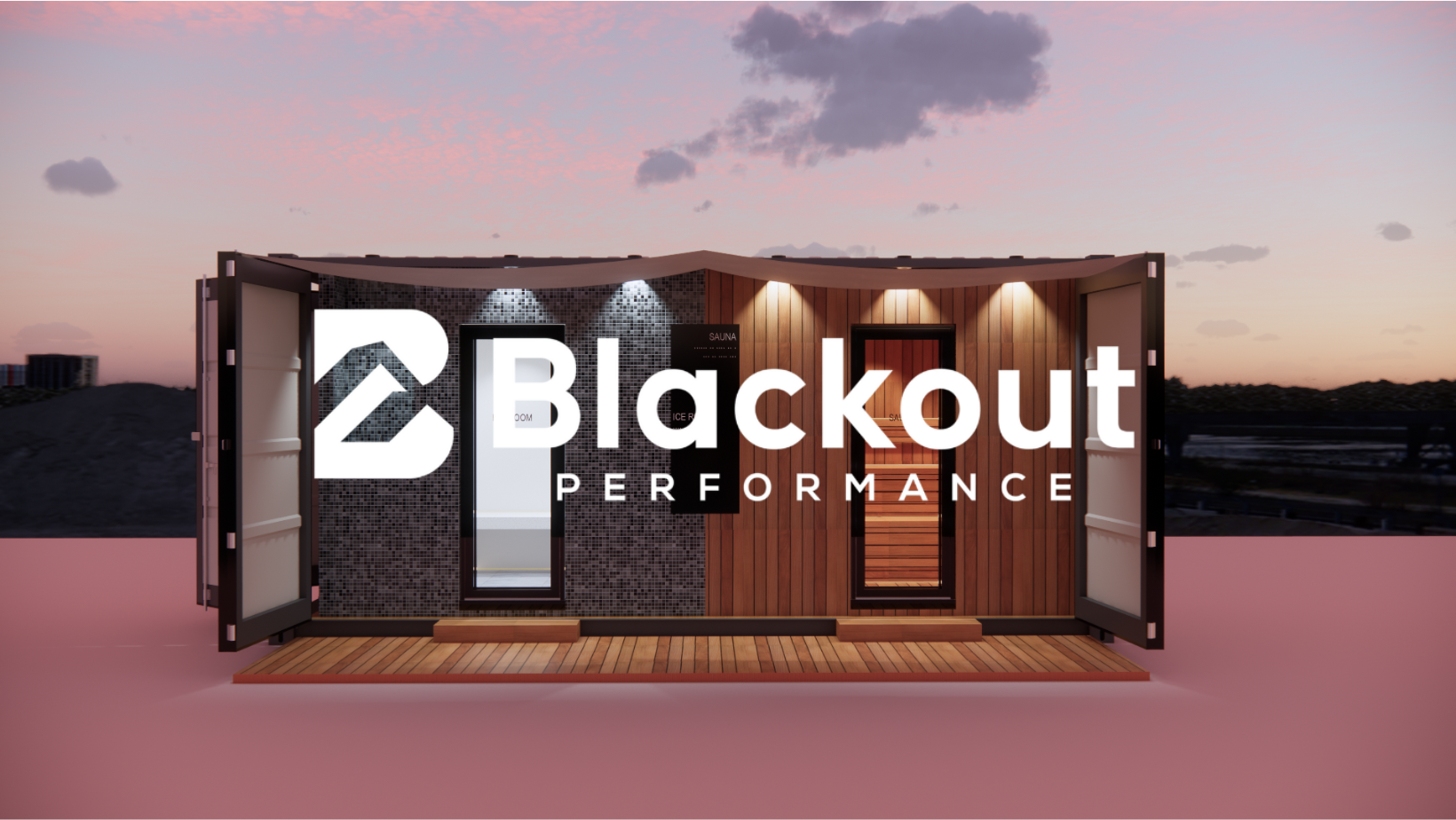 A wooden wellness or sauna structure with open doors, set against a sunset sky with pink and purple clouds, featuring a logo for 'Blackout Performance'.