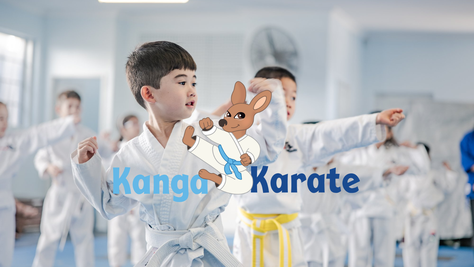 Young children practicing karate in a dojo with a mascot character holding a karate gun, and the words 'Kanga Karate' in the foreground.