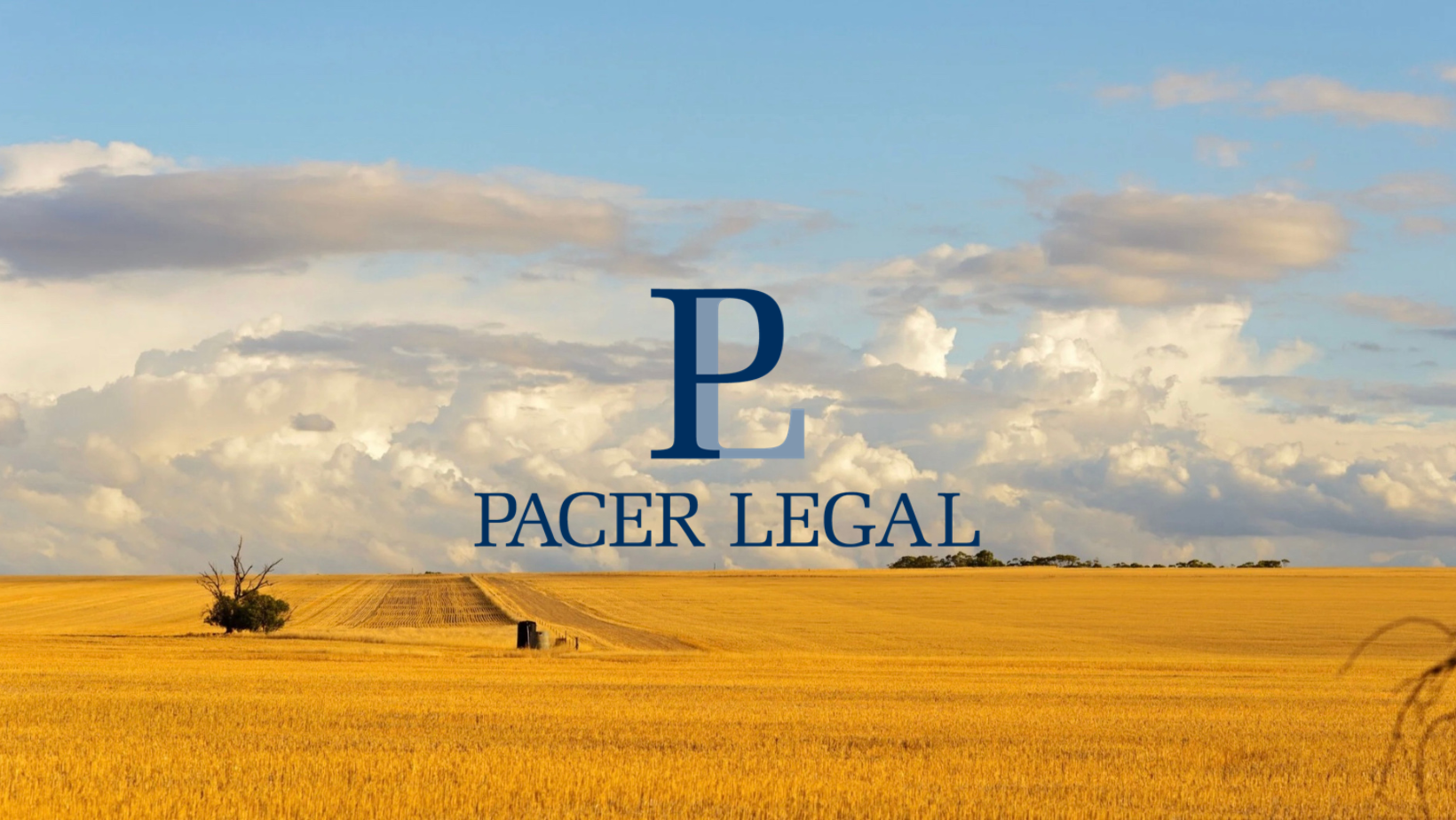 A vast golden field with a few trees and a cloudy sky, featuring the logo and text for Pacer Legal.