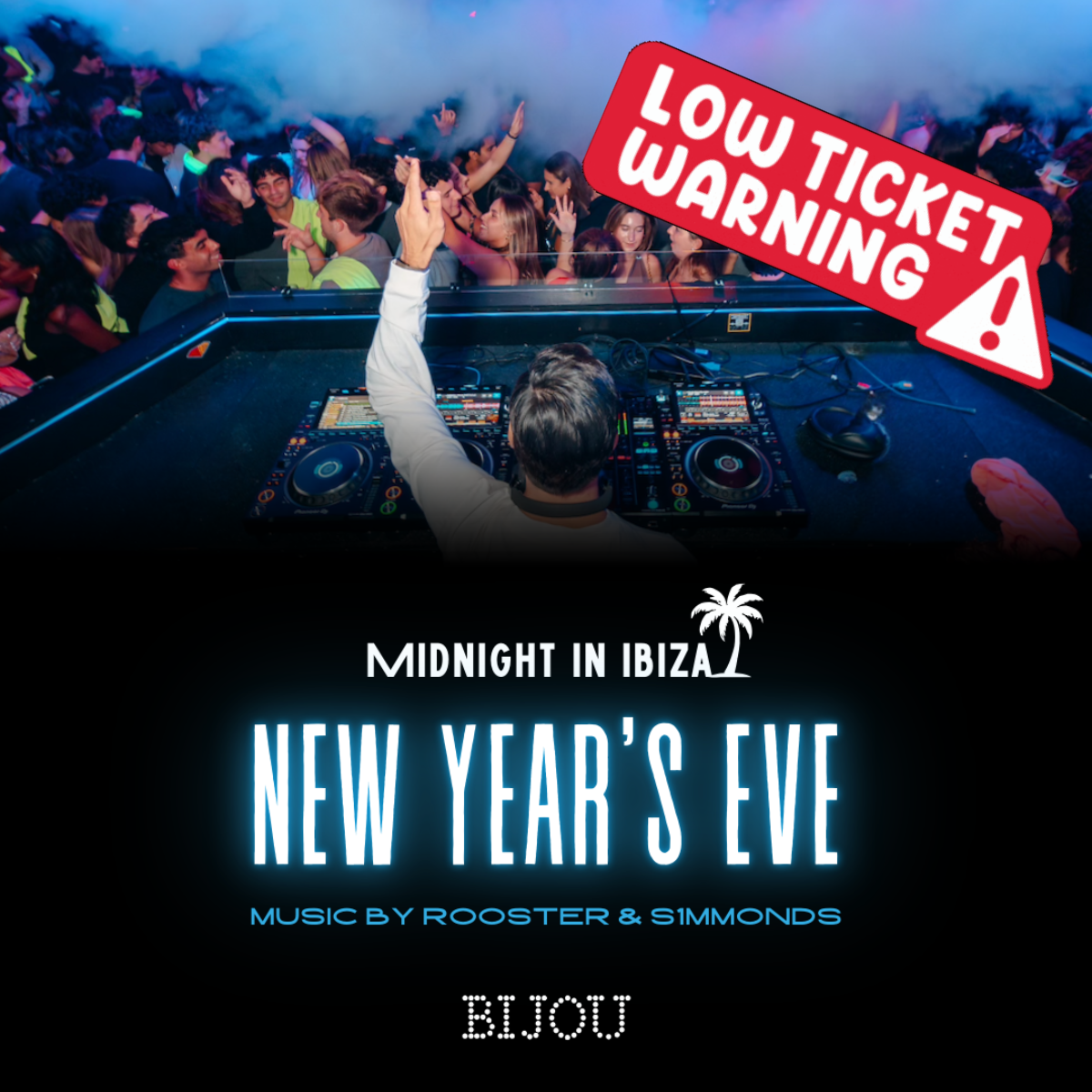 A DJ performs at a New Year's Eve party at a nightclub called Midnight in Ibiza, with a crowd dancing and celebrating.