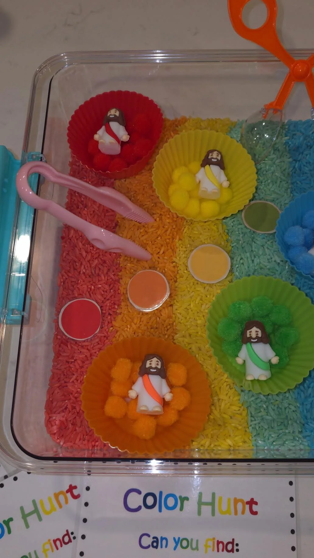 Holy Hands Rainbow Rice Sensory Bin