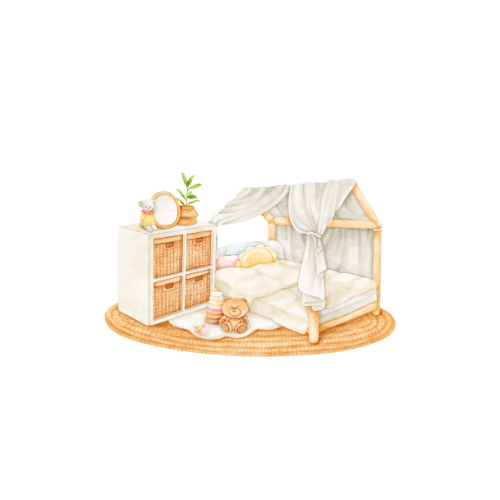 Habitación infantil con cama, cojines, cortinas, muebles de madera y artículos decorativos.