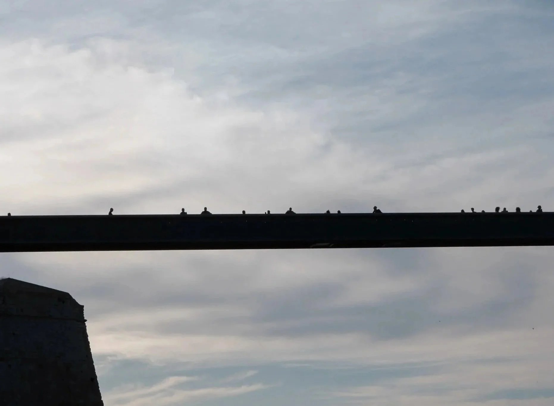 Silhouette of birds perched along the edge of a bridge against a cloudy sky.