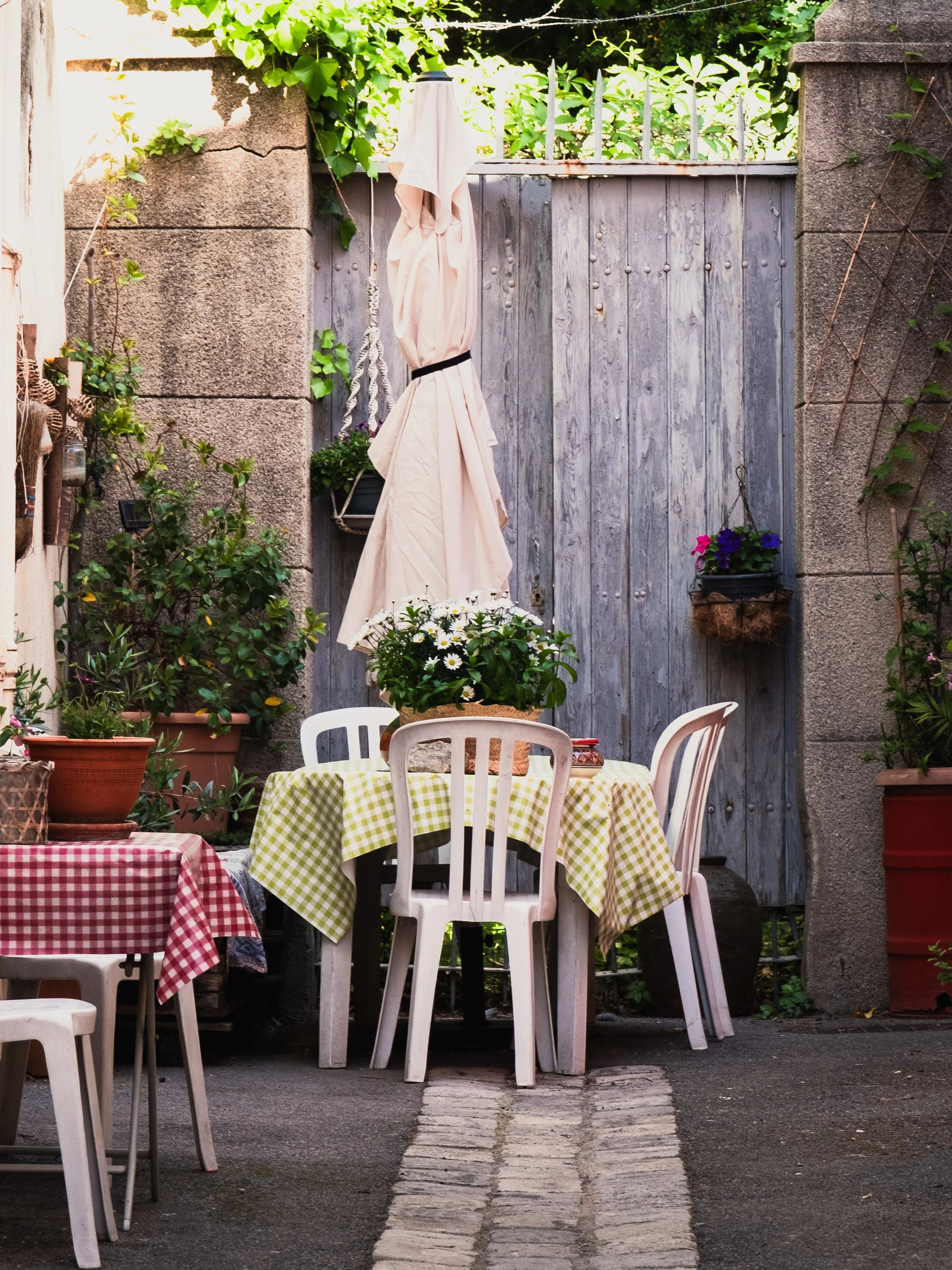 An outdoor patio scene with tables covered in red and white checkered tablecloths, some with green and white checkered tablecloths. White plastic chairs are around the tables. There are potted plants and flowers, including white daisies, and a wooden fence with hanging flower pots. An umbrella is closed, and the ground has a brick pathway.