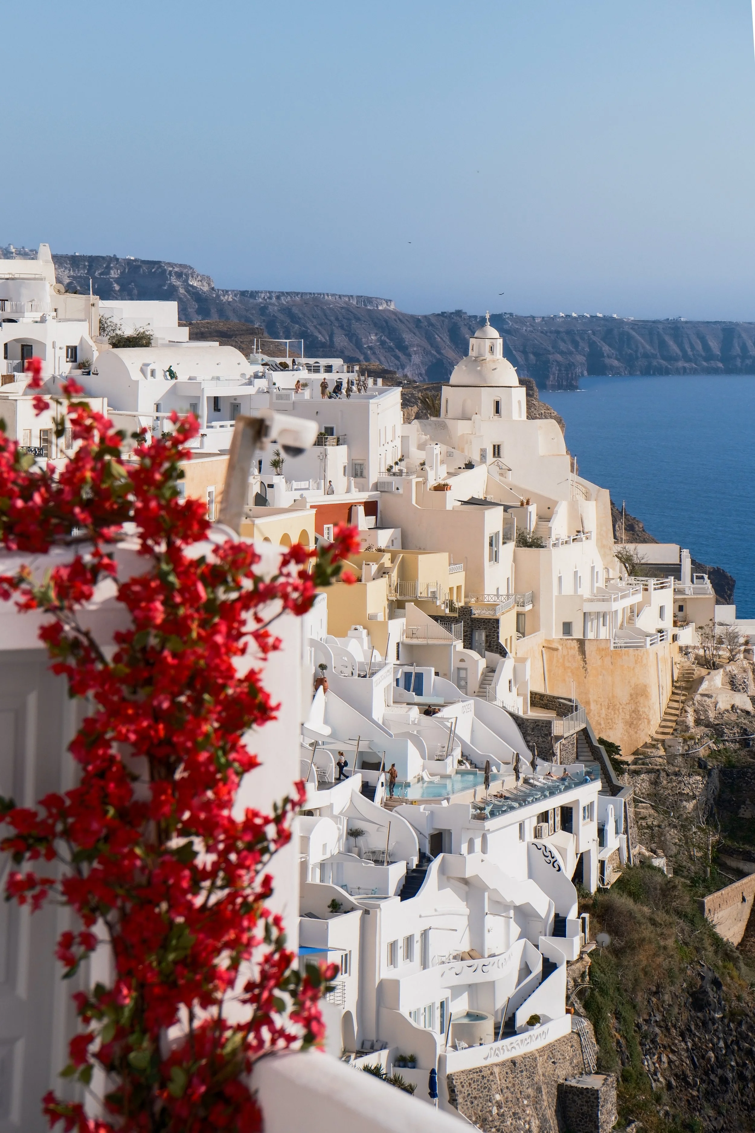 White buildings with curved roofs and balconies on a cliffside overlooking the sea, with red flowers in the foreground and cliffs in the distance.