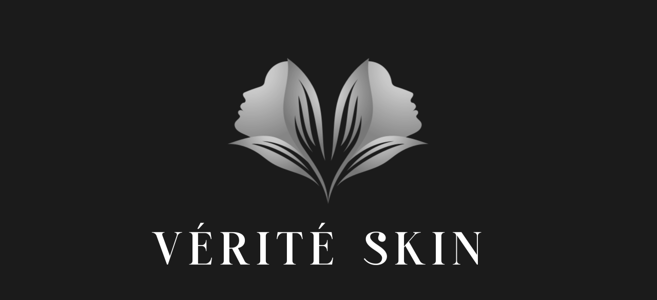 A logo for Vérité Skin features a stylized butterfly with human profiles on either side, in shades of gray, on a black background with the brand name below.