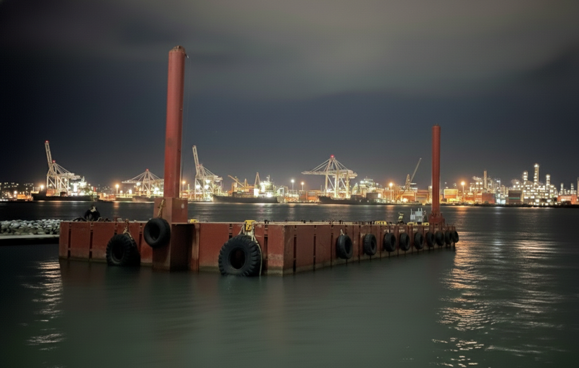 Sectional barge with spuds in a city harbour