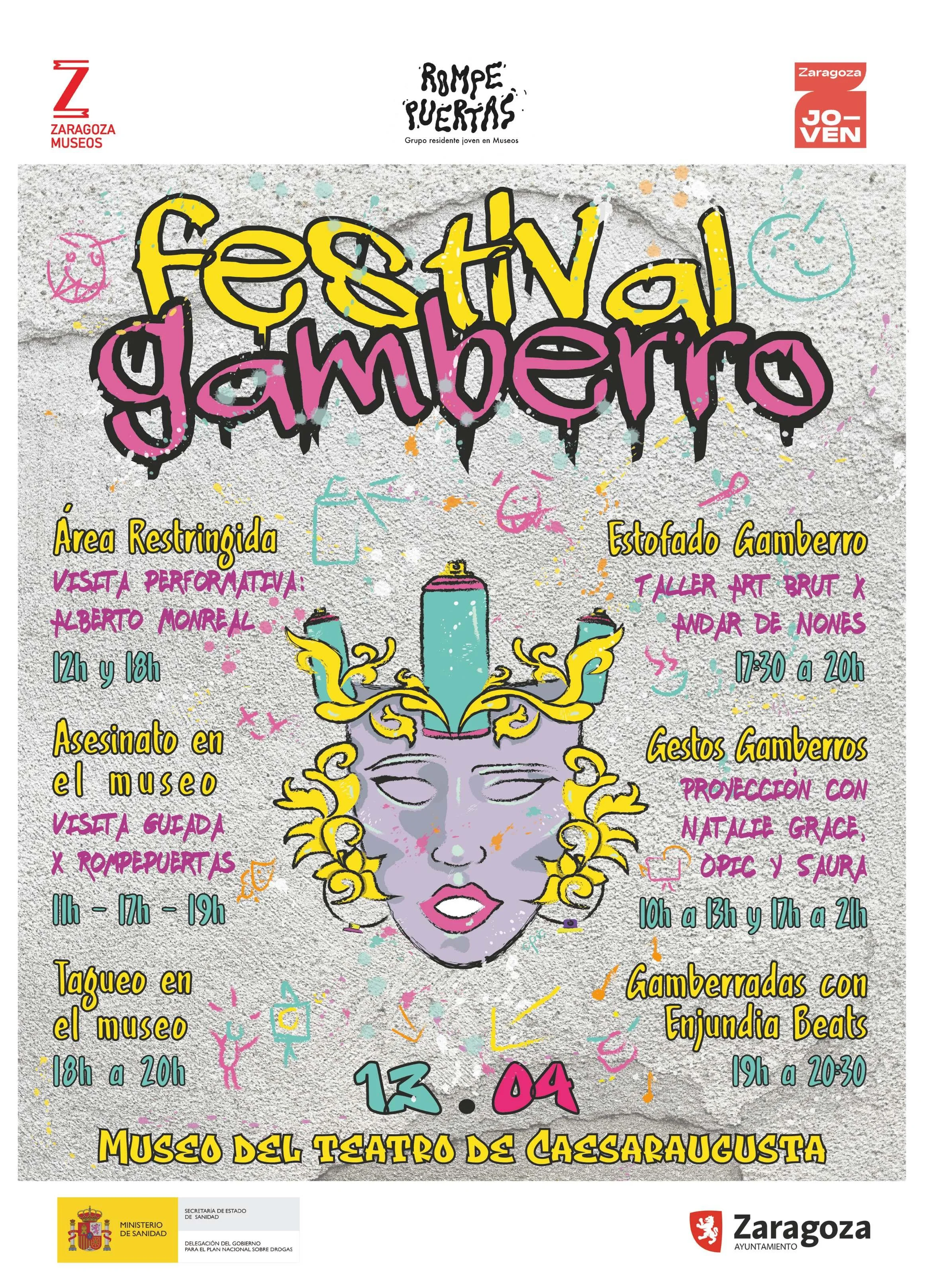 Cartel del Festival Gamberro con toda la programación. Se puede ver una máscara con un spray de grafiti encima.