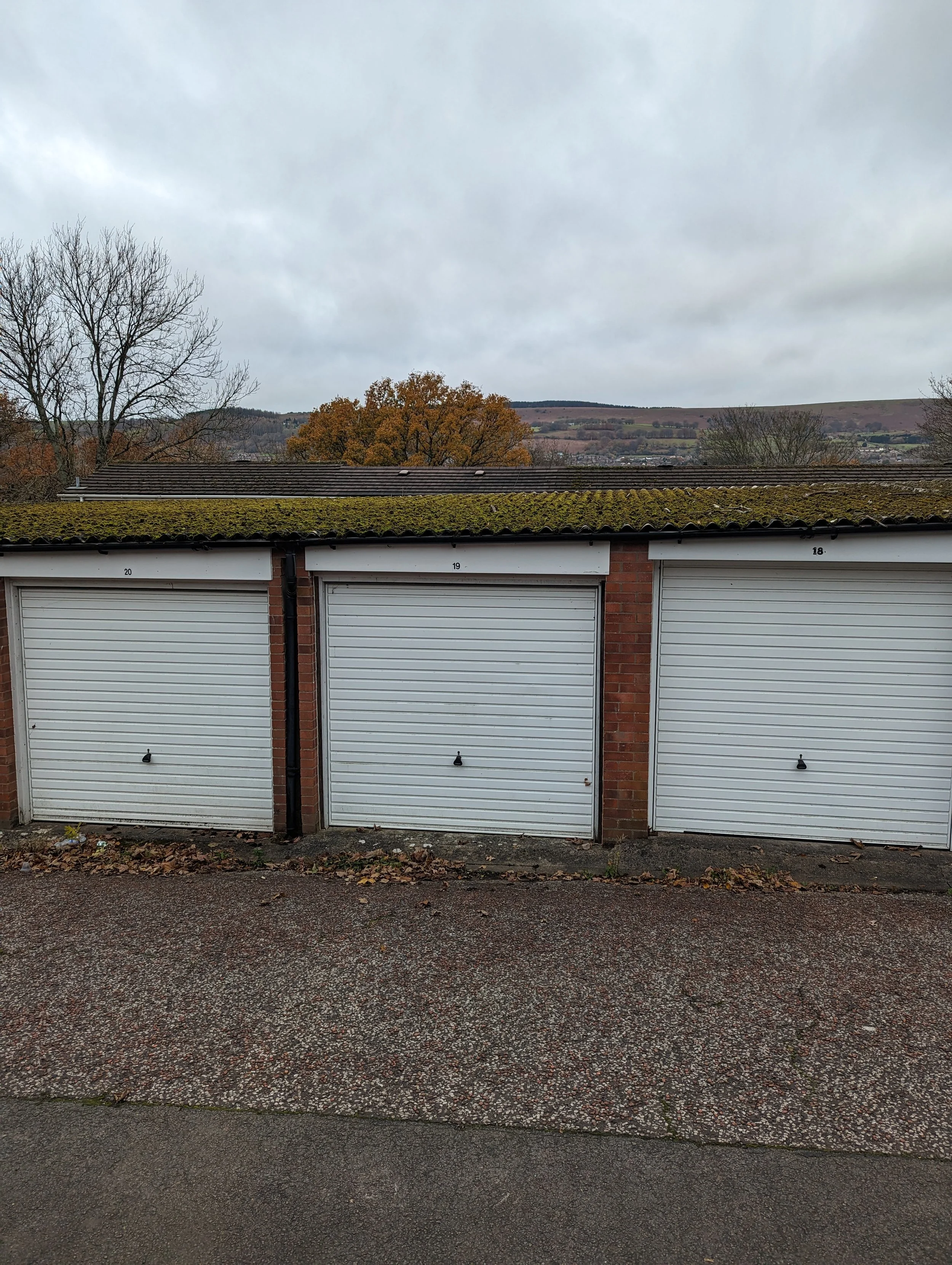 Three white garage doors with numbers 20, 19, and 18, in a brick garage with a mossy roof, on a cloudy day with trees and hills in the background.