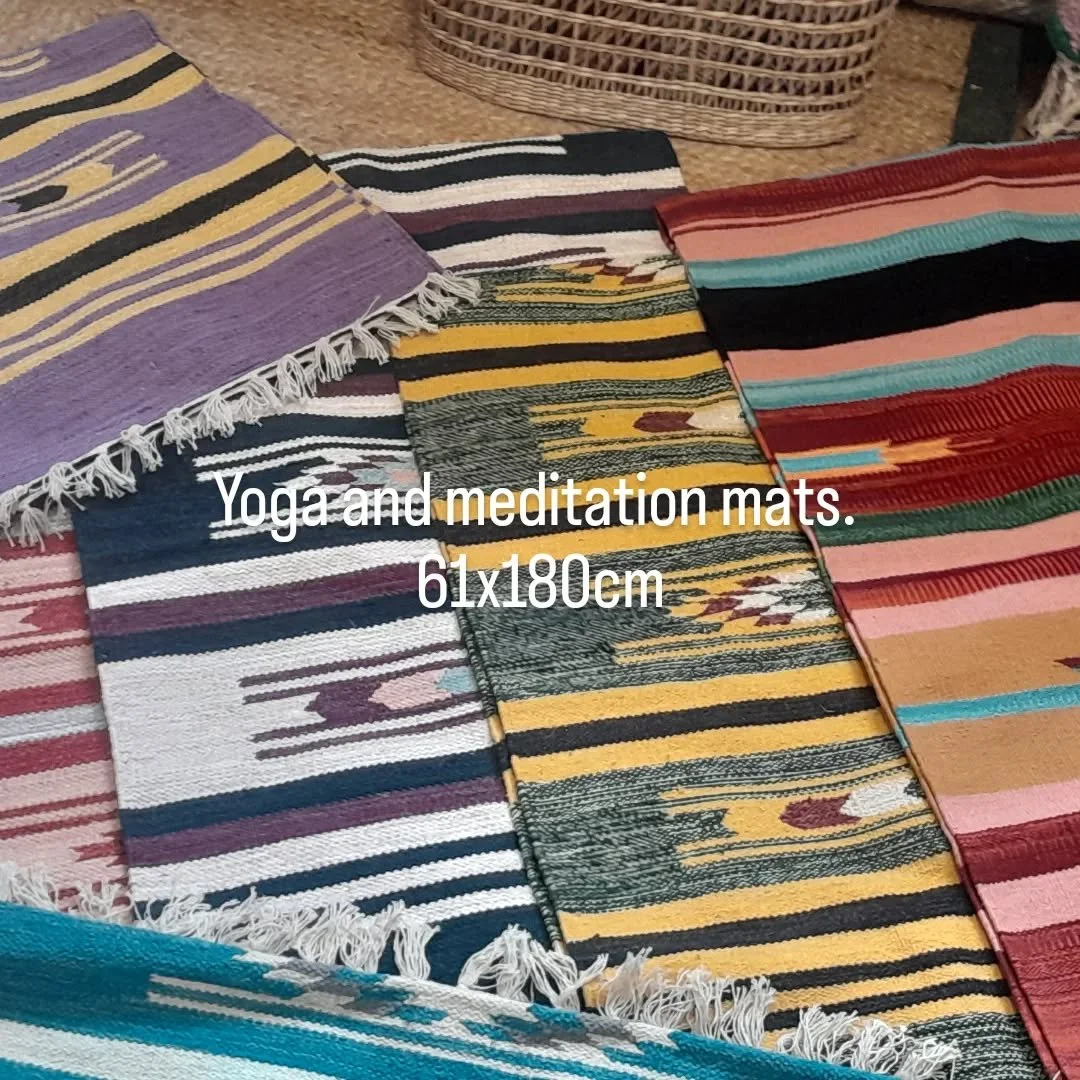Prynhawn da. Happy Monday! :)

L👀K #newarrivals 

Some new stock that arrived a moment ago - Handwoven meditation and #yogamats 🧘&zwj;♀️ 🕉 🧘&zwj;♀️ #wellbeing 

Natural dyes and washable! 🫧 would also work as cute runners.

#warpandweft #rugshop