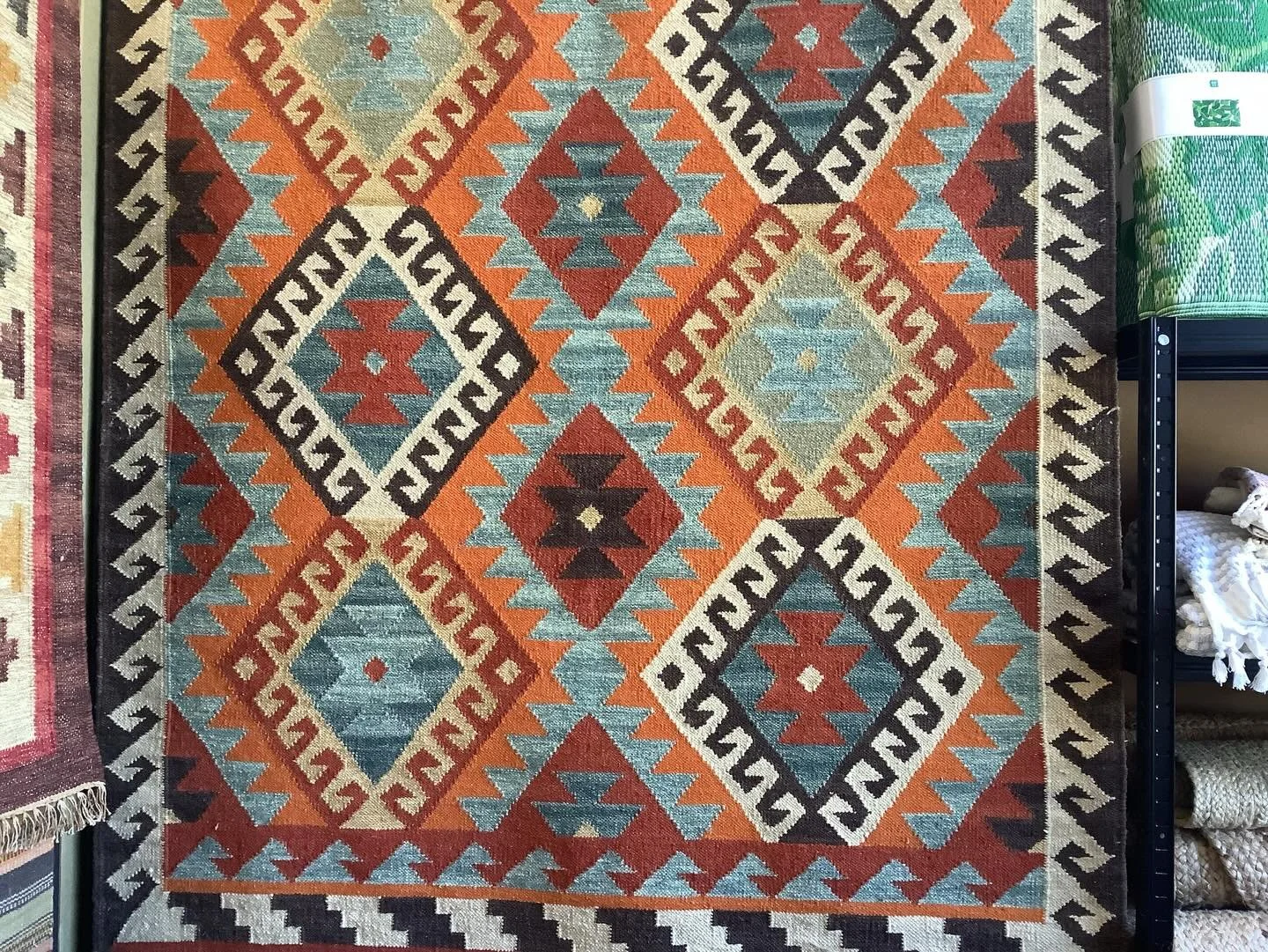 It&rsquo;s WEDNESDAY so here are three weaves of the week available and in stock at the shop! ☺️

Open until 1pm today. 

Three beautiful kilim rugs - large area ones. All three are 80% wool 🧶 and 20% cotton. They are #fairtrade and #goodweavecertif