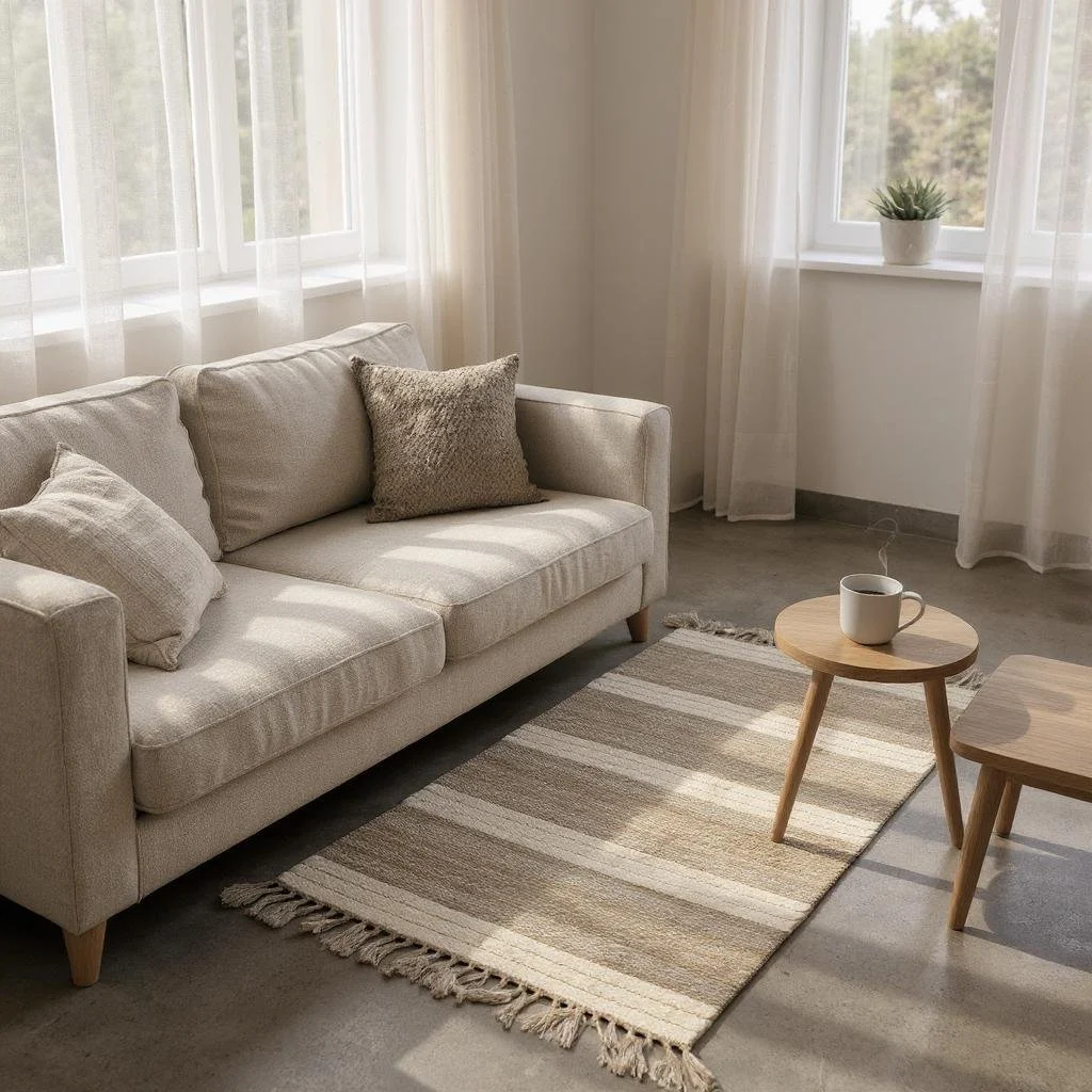 A cozy living room corner with a light-colored sofa, beige throw pillows, a small round wooden coffee table with a steaming mug, a striped neutral rug, and sheer curtains with a potted plant on the windowsill.