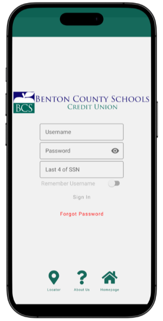 Mobile app login screen for Benton County Schools Credit Union with fields for username, password.