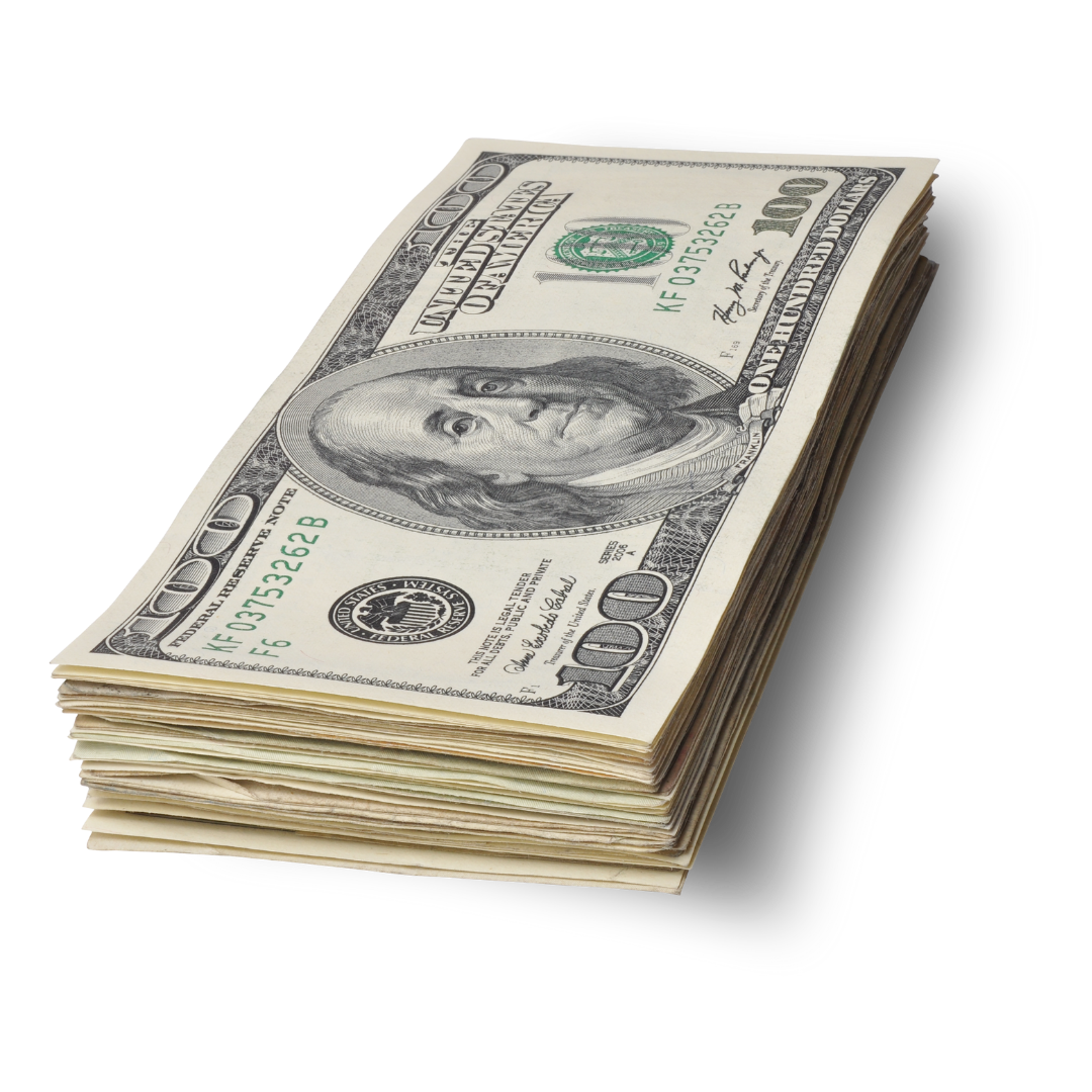 Pile of hundred-dollar bills, featuring Benjamin Franklin's portrait.