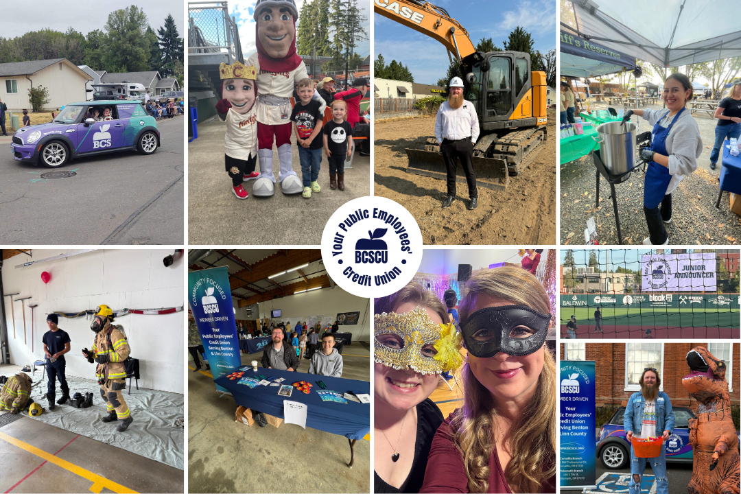 Collage of images from a community event with people, mascots, vehicles, and booths, including children, firefighters, and local organization representatives, featuring various recreational and informational activities.