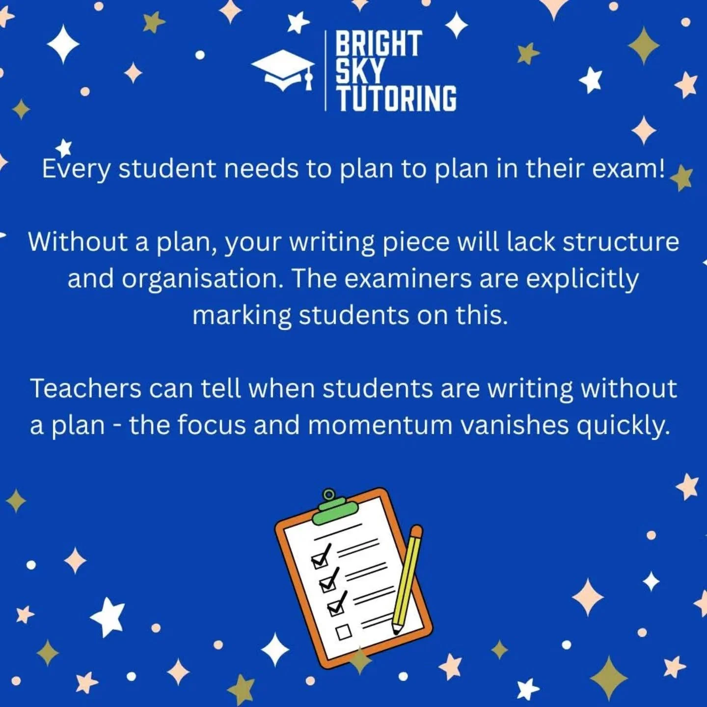 Effective planning is such an important skill in English. One of the main benefits of one to one tuition is that I can really guide students thoroughly on how to plan quickly and effectively in exam situations. 

Those five minutes at the start of th