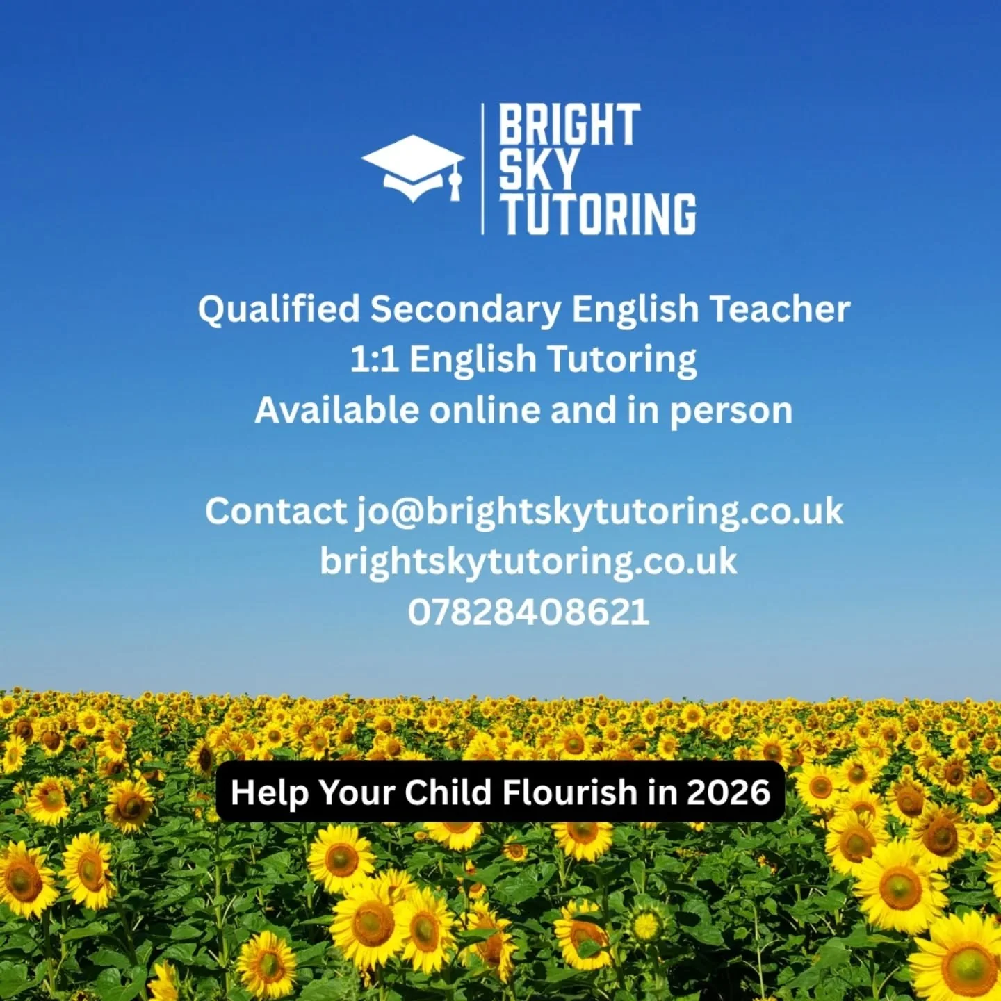 Some new branding for 2026! I think the sunflowers give it that focal point it was missing! 

Availability is now extremely limited so get in touch today if you are looking for secondary English support for your child. 

#brightskytutor #brightskytut