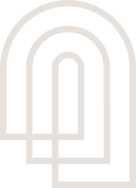 Abstract geometric design with overlapping square and arch shapes in beige against black background.