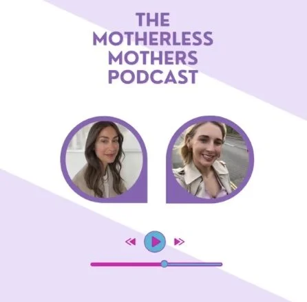 Logo for 'The Motherless Mothers Podcast' with two women's portraits, a play button, and a purple podcast control bar.