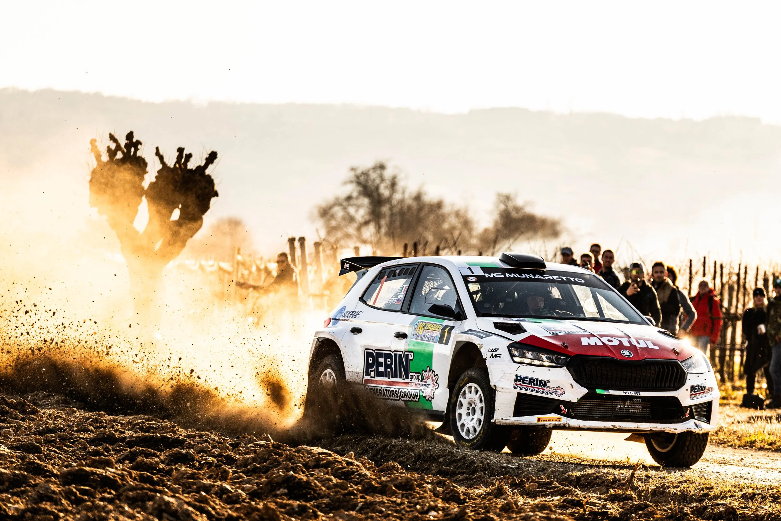 Una macchina da rally bianca con loghi pubblicitari che corre su una strada sterrata sollevando terra, con un gruppo di persone che la guarda sullo sfondo e due cactus in primo piano a sinistra.