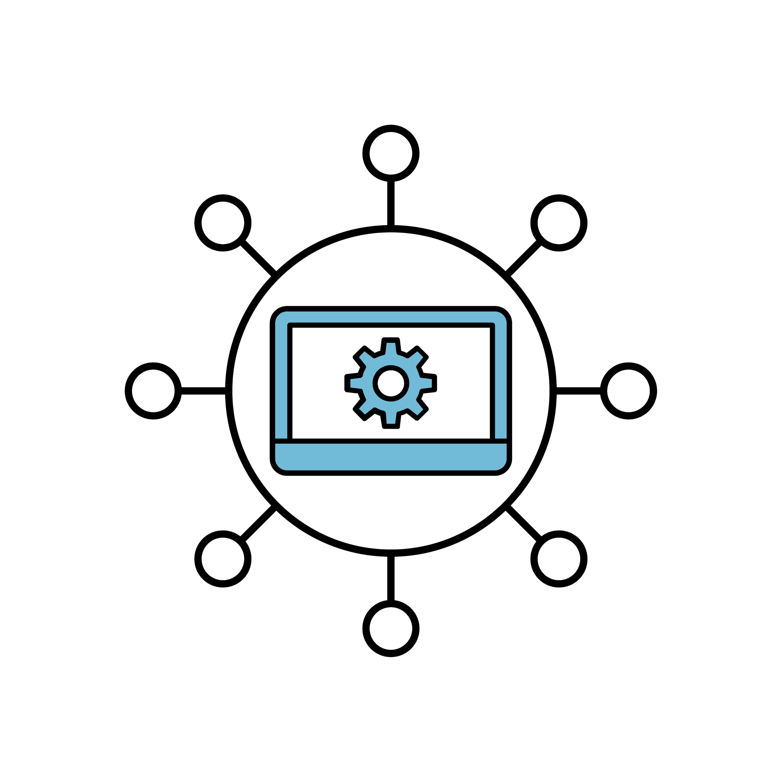 Computer screen with gear icon, surrounded by network nodes.