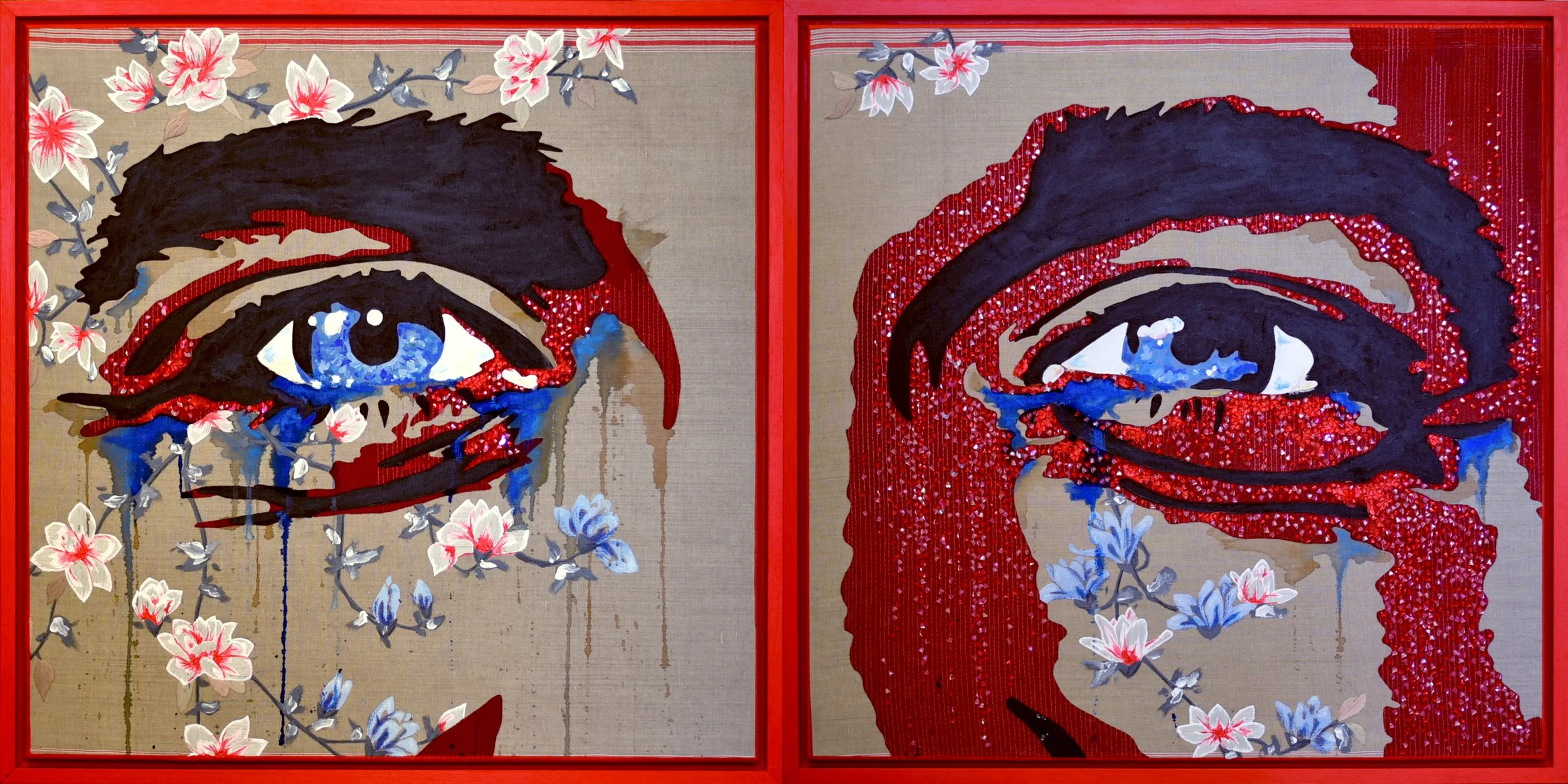 Hand embroidery, beadwork, acrylic paint, oil stick, oil pastel on antique linen. 

80 x 160 cm / 85 x 170 cm framed.