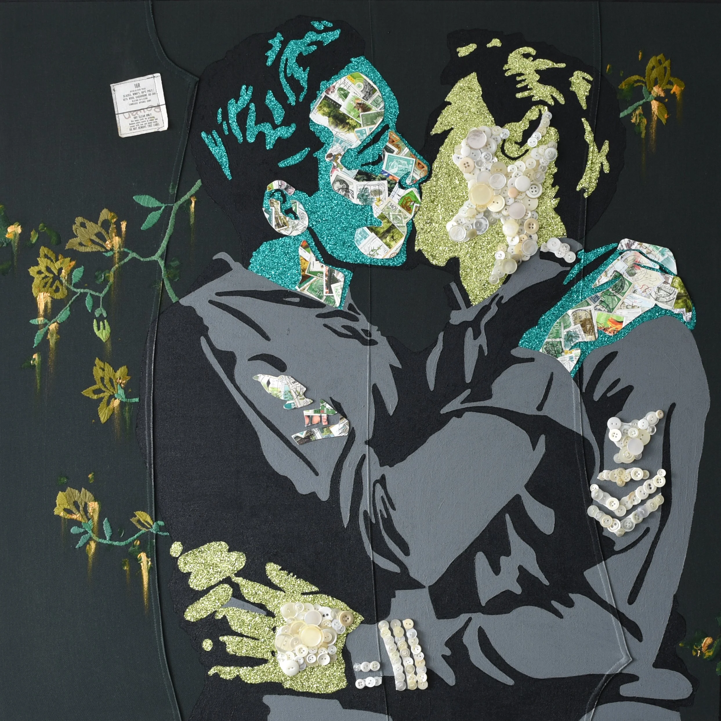 Acrylic paint, hand embroidery, assorted vintage and recycled buttons, assorted vintage postage stamps, PVC glue, and glitter on a pair of deconstructed military pants.

81 x 81 cm. 

2025