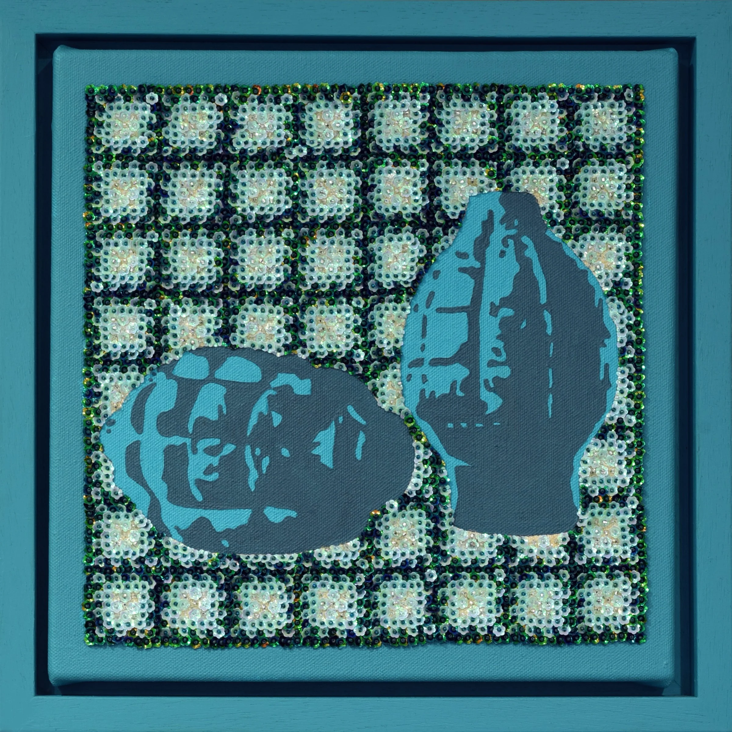 Paillettes, assorted beads, and acrylic paint on canvas.

30 x 30 cm. 
35 x 35 cm. Framed 

2025