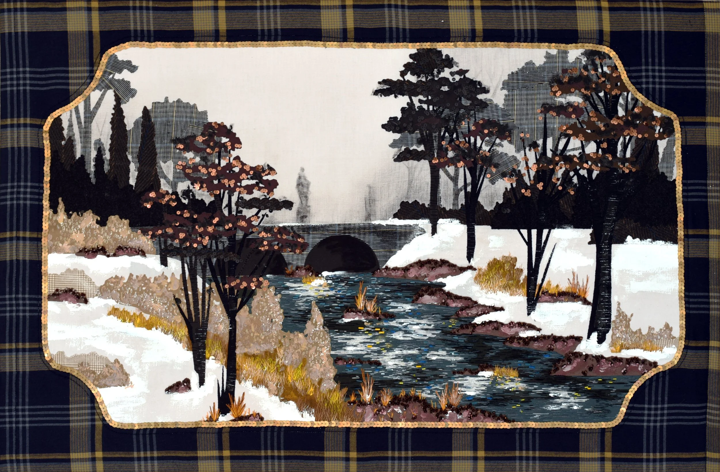 Hand embroidery, mixed media and assorted vintage fabrics on canvas. 
65 x 100 cm.
2026