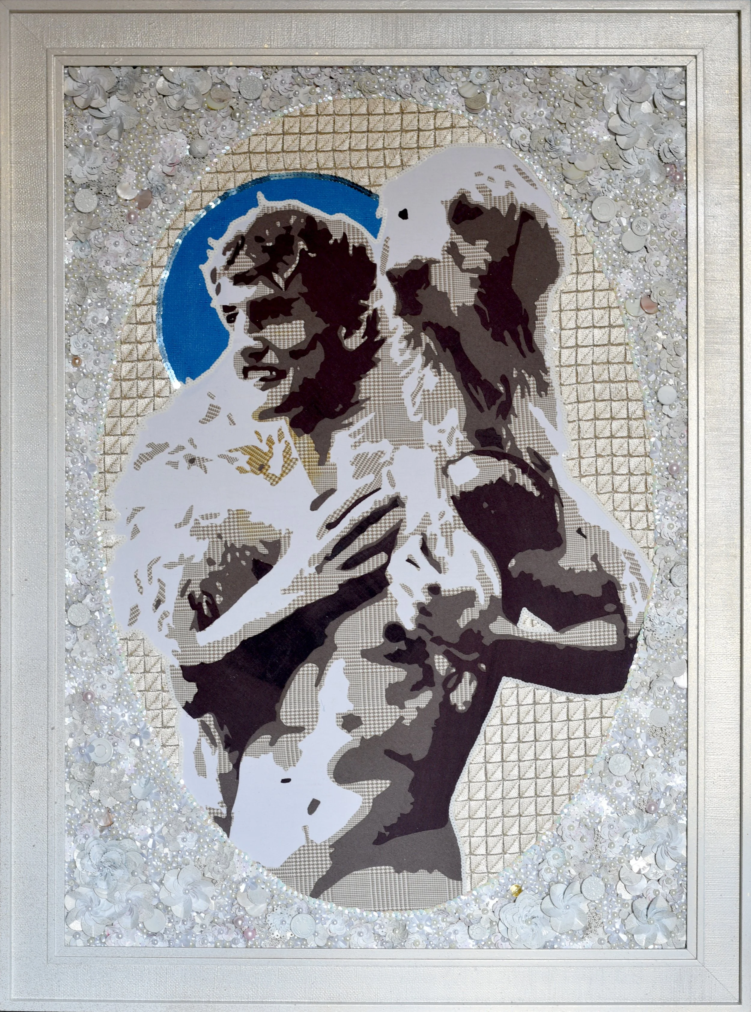 Hand embroidery, assorted paillettes, vintage wool suiting fabric, acrylic and spray paint on canvas. 

50 x 70 cm. / 59 x 79 cm. Framed

2026