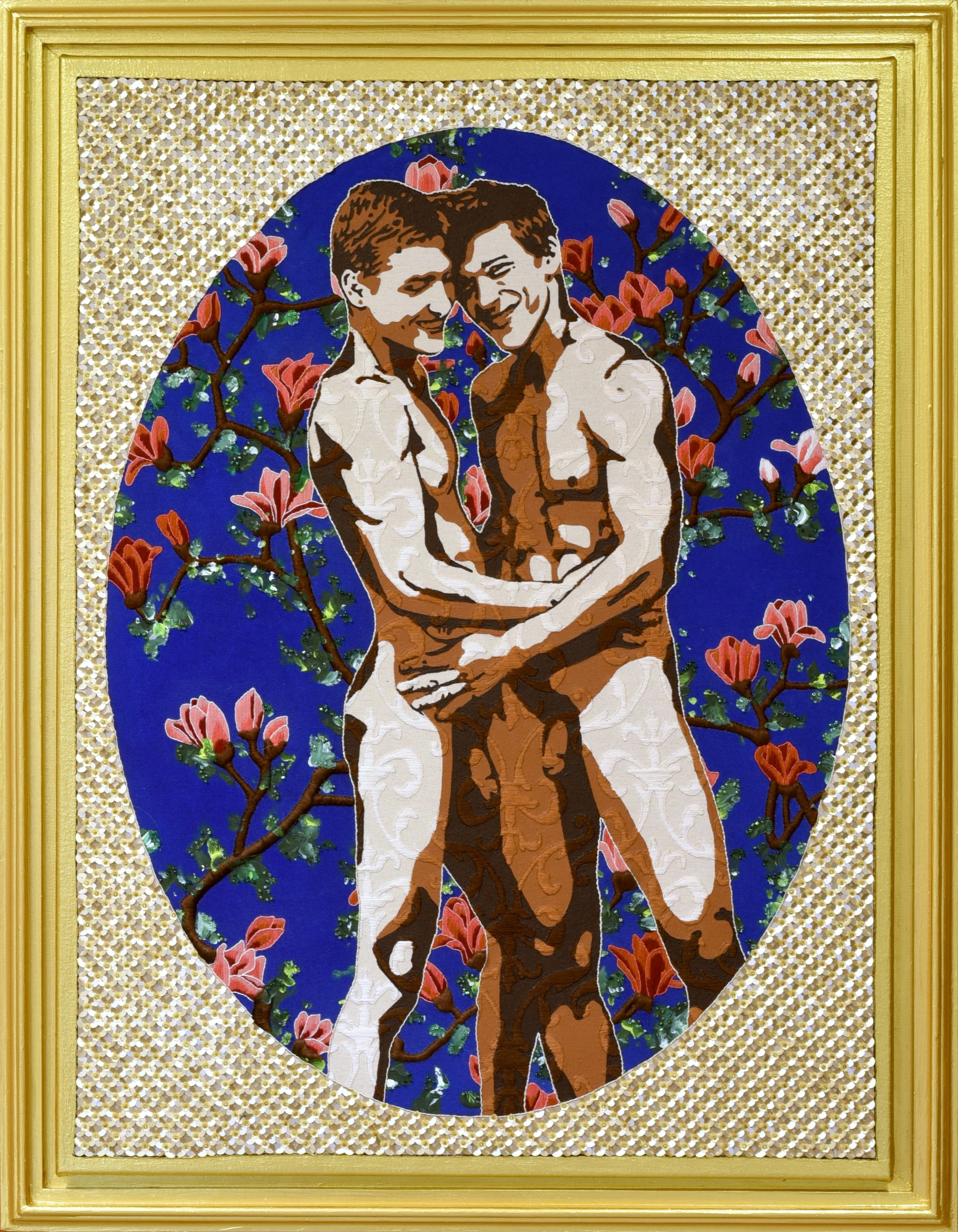 Acrylic paint, hand embroidery, paillettes and assorted glass beads on canvas.

58 x 78 cm. 
67 x 87 cm. Framed

2025