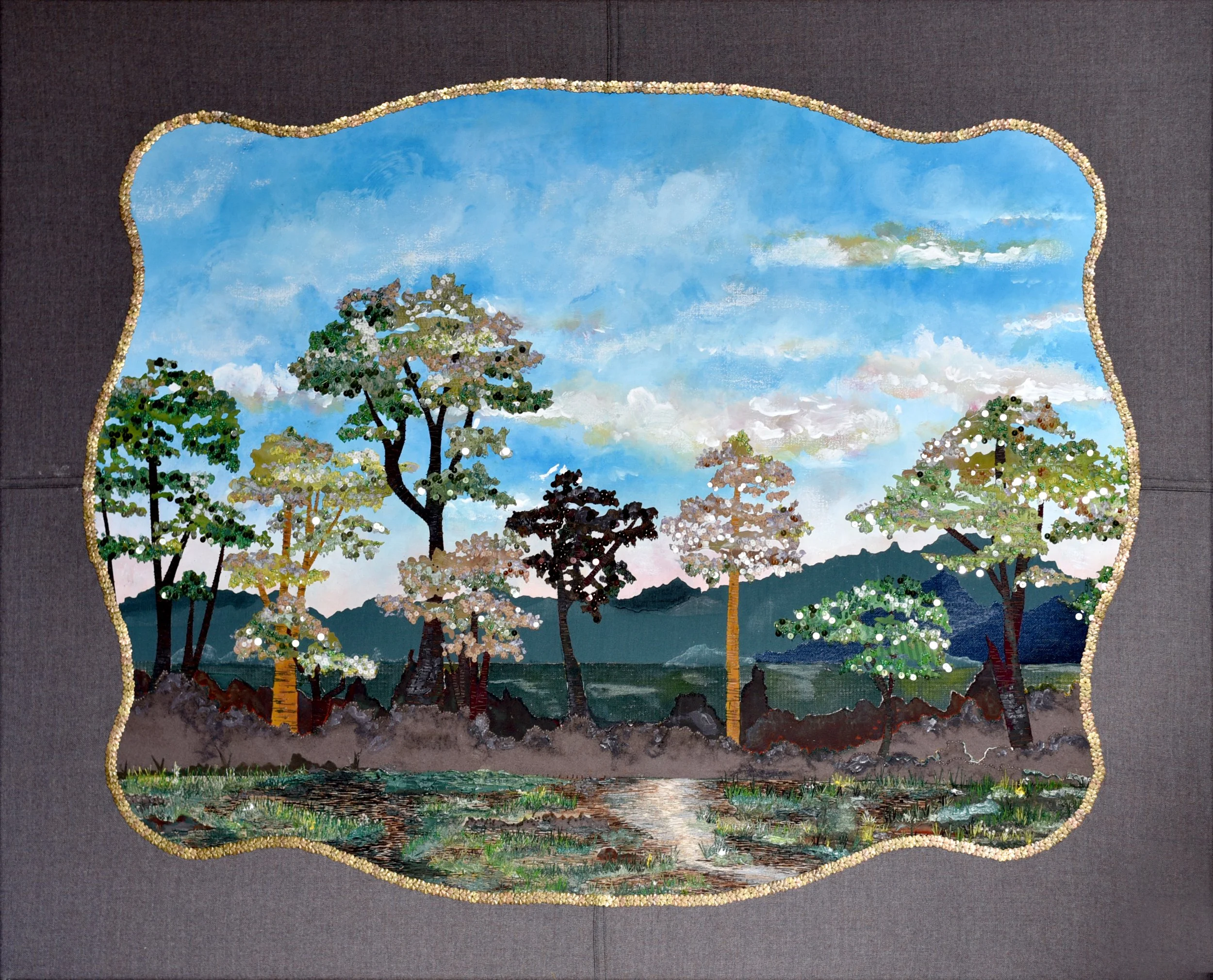 Hand embroidery, vintage wool suiting, assorted paillettes and mixed media on Canvas. 

80 x 99 cm. 

2026
