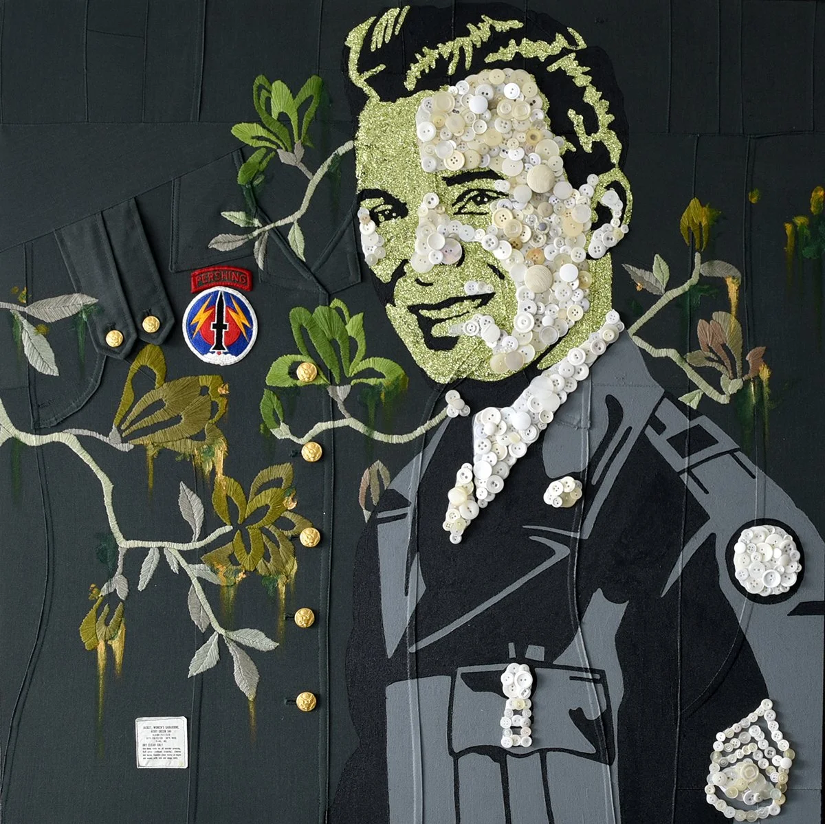 Acrylic paint, hand embroidery, assorted vintage and recycled buttons, PVC glue, and glitter on a deconstructed military jacket.

81 x 81 cm. 

2025