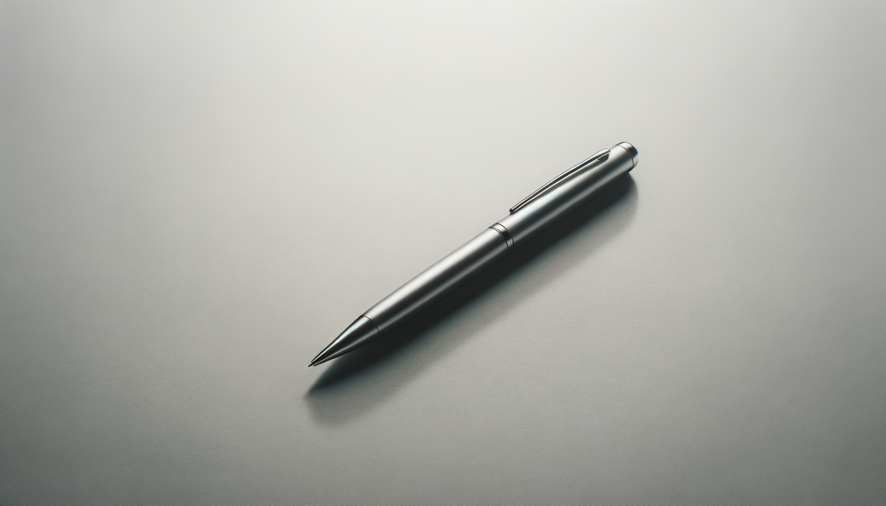 A silver ballpoint pen resting on a plain light gray surface.