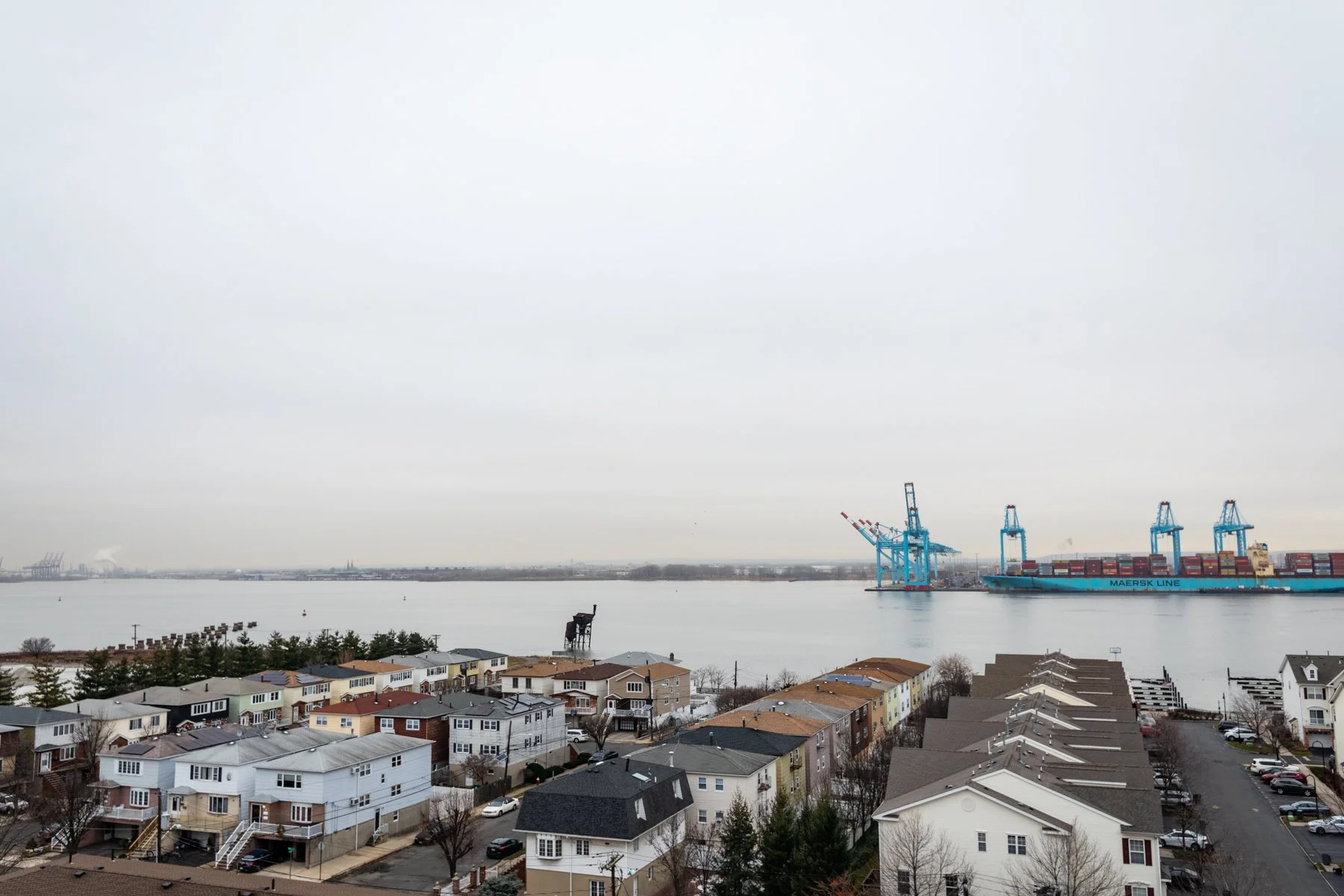 View of a harbor with large blue cranes and a container ship, with residential houses in the foreground and an overcast sky.