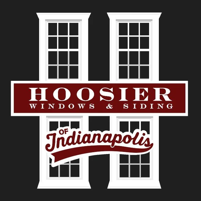 Logo for Hoosier Windows & Siding with a stylized house window background.