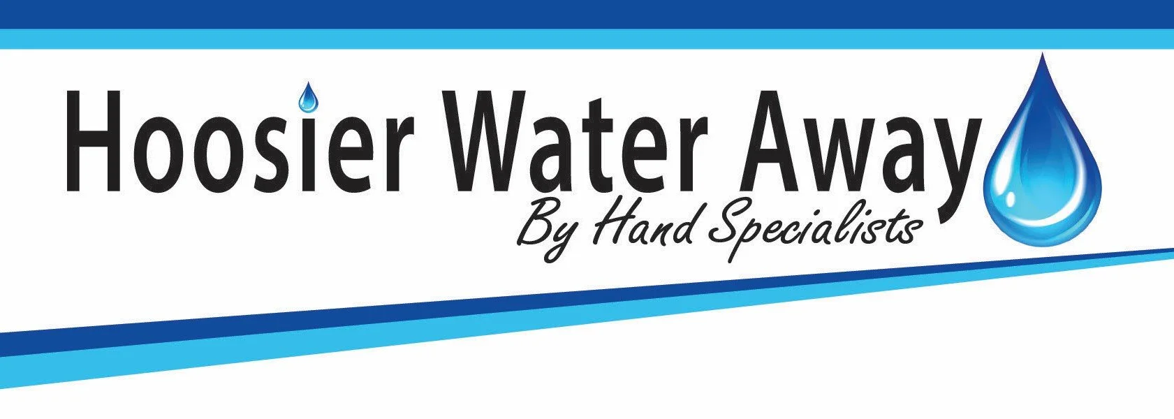 Logo for Hoosier Water Away with a water droplet graphic and text 'By Hand Specialists' in black and blue colors.