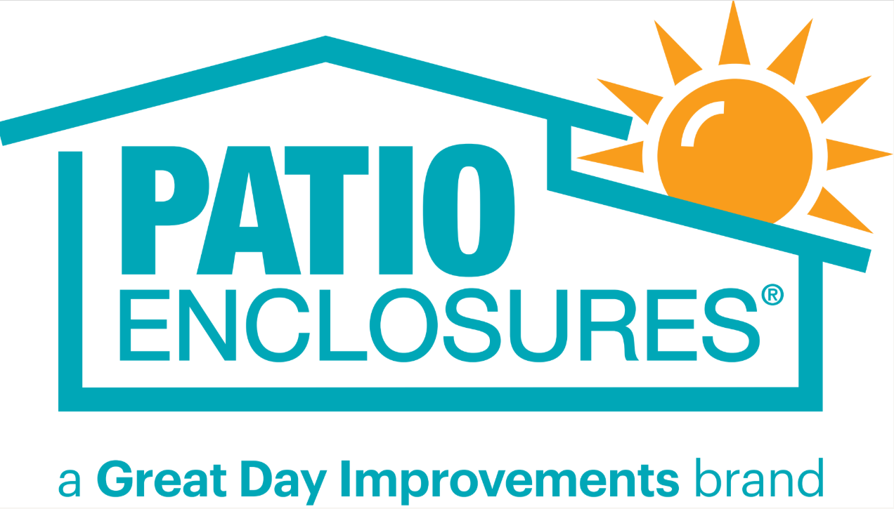 Logo of Patio Enclosures with a house outline, a sun, and the text "Patio Enclosures" and "a Great Day Improvements brand".
