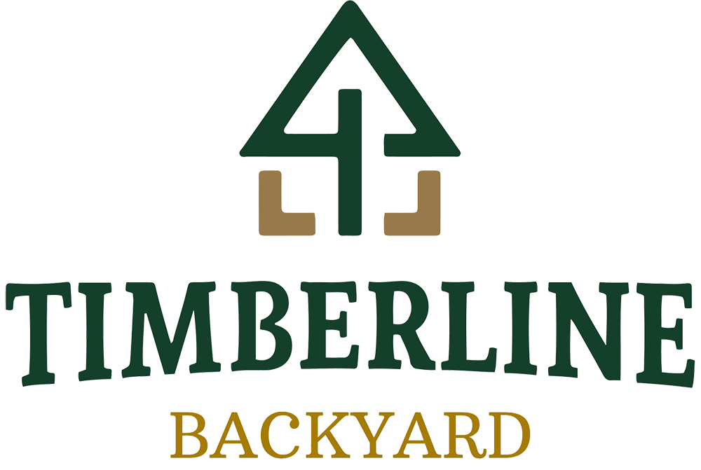 Logo with an arrow pointing upwards, flanked by two L-shapes, and text reading "TIMBERLINE BACKYARD" with "TIMBERLINE" in green and "BACKYARD" in gold.