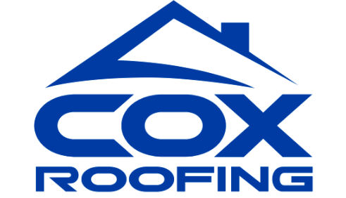 Cox Roofing logo in blue with a house roof design above the company name.