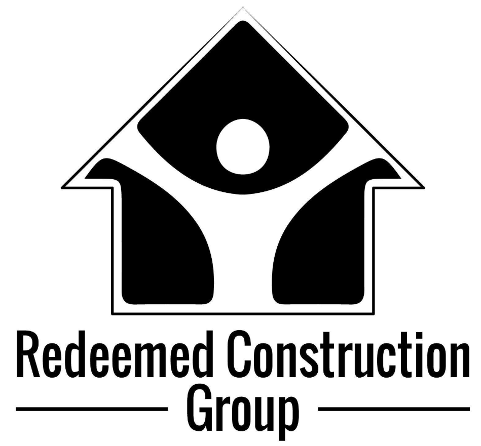 Logo of Redeemed Construction Group featuring a stylized black house with a person figure in the center, and the company's name below.