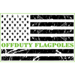 Black and white American flag with distressed texture and text saying 'OFFDUTY FLAGPOLES' in green