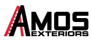 Amos Exteriors logo featuring bold black text with a red ladder graphic.