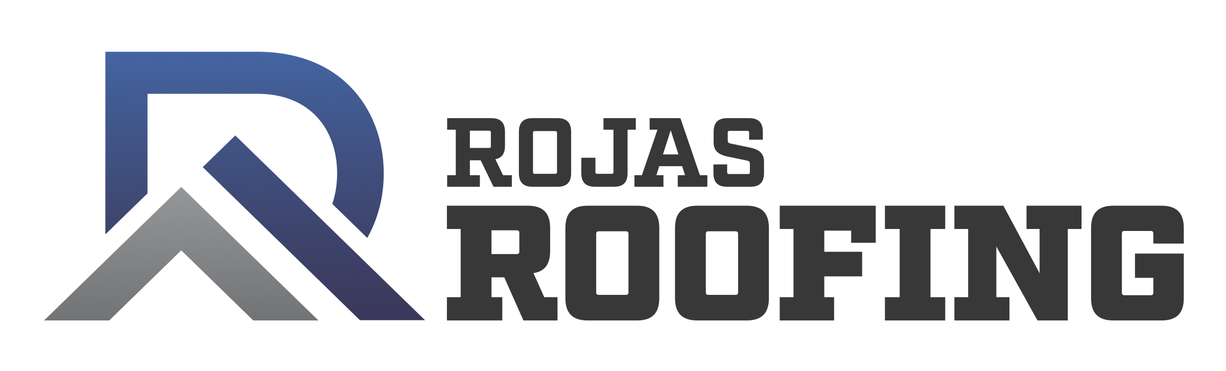 Logo of Rojas Roofing with stylized roof icon in blue and gray, text 'ROJAS ROOFING' in bold black letters to the right.